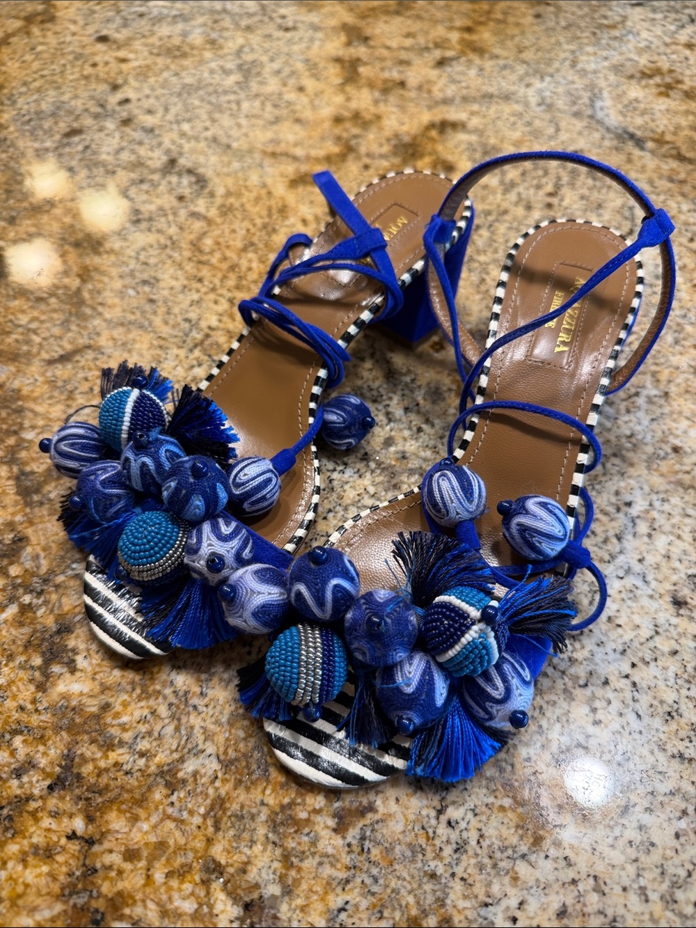 Aquazzura Royal Blue Embellished Pom-Pom Block Heel Sandals